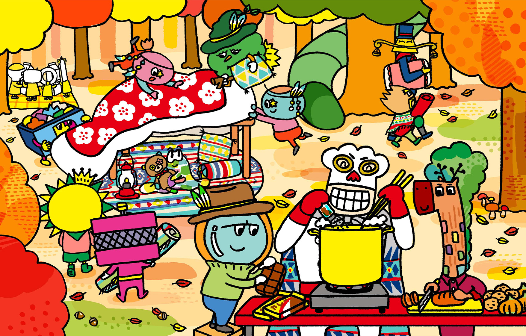 それぞれ家にあるものを持ち寄って、ウィザーの家の庭でみんなでおうちキャンプの準備をしている。