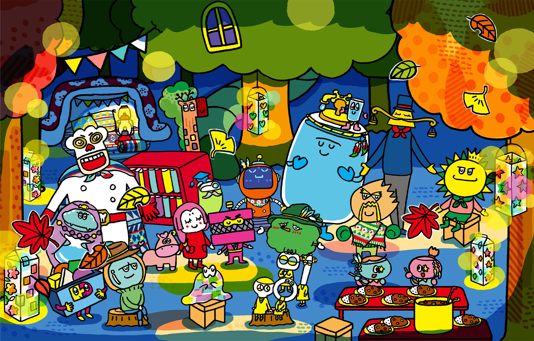 みらいたうんのなかまたちのみんなでおうちキャンプをしながら秋の夜風を満喫している。