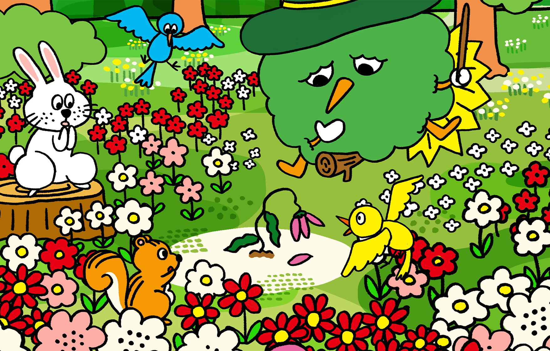 元気のない植物を見て、心配そうにする動物や鳥たち。