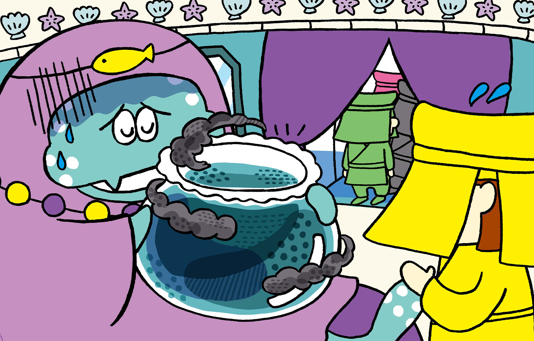 占いをしているマリアンヌ。疲れとともにみずがめの中の水もにごってしまっている。